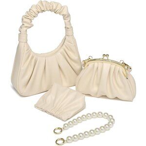 Vegan Leather 4-Piece Women's Tote Bag Set with Pearl Chain Straps, Elegant and